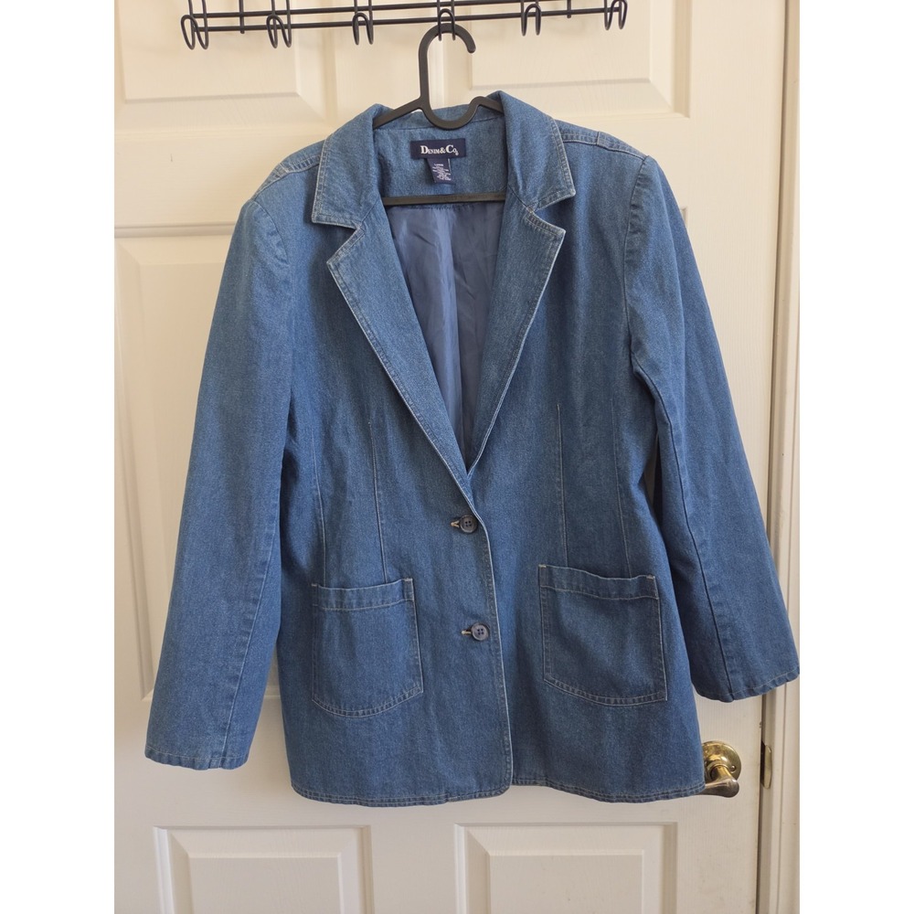 Denim & Co Blue Denim Blazer Jacket Women's Large Cotton Button Front Pockets - Picture 1 of 15